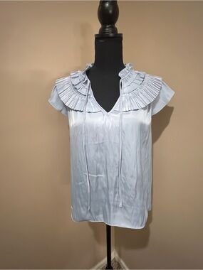 Rachel Zoe Light Blue Ruffle Satiny Yoke Tie Neck Blouse, XSr